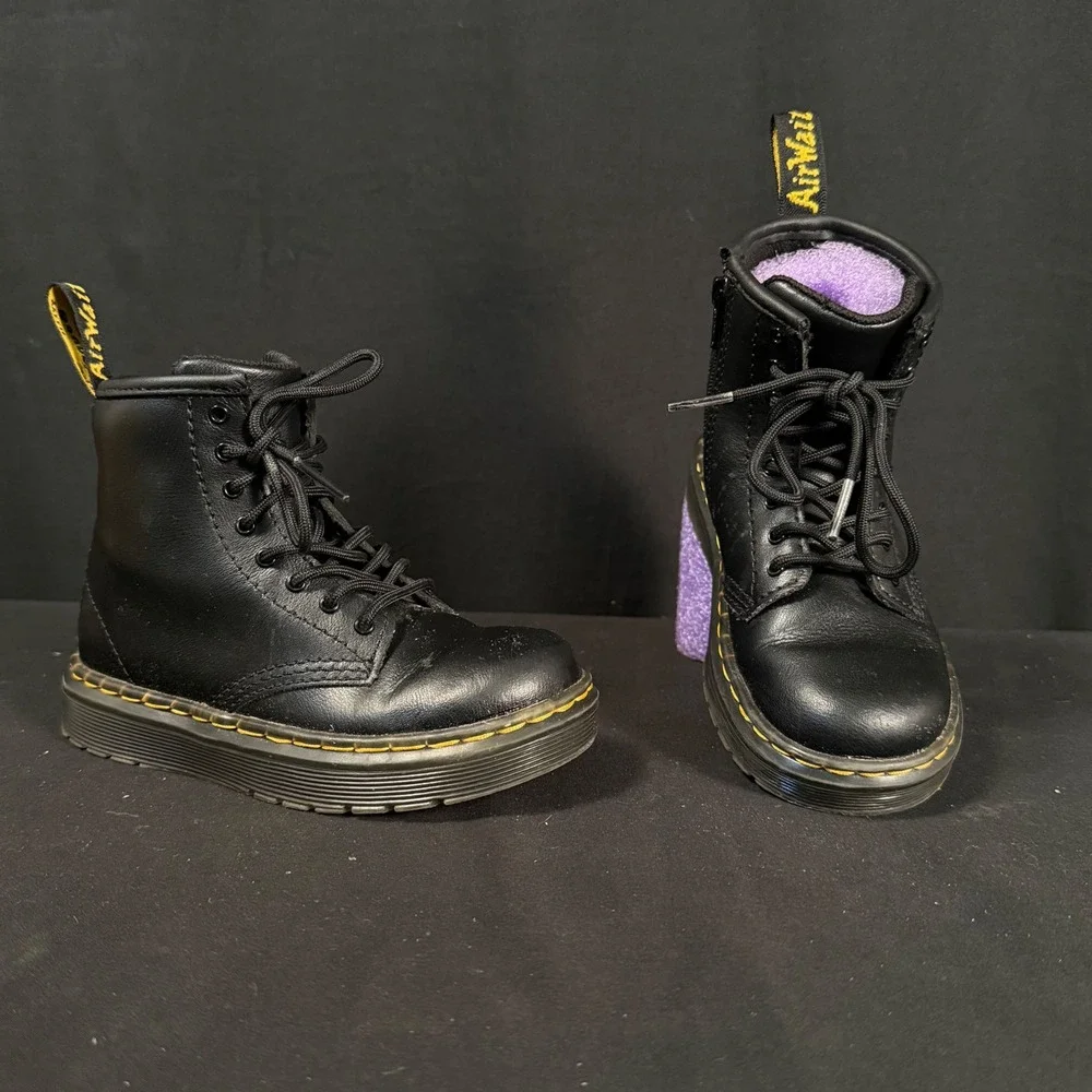 Dr. Martens Zavala T 1460 Black Leather Toddler Combat Boots Side Zip Size 10
